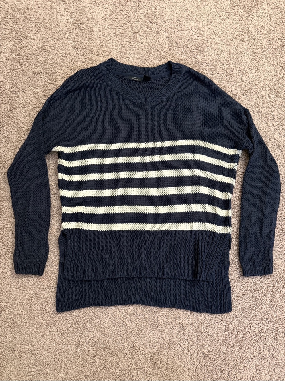 RDI Crewneck Sweater Women size Small Navy Blue Knit Long Sleeve Stripe Top